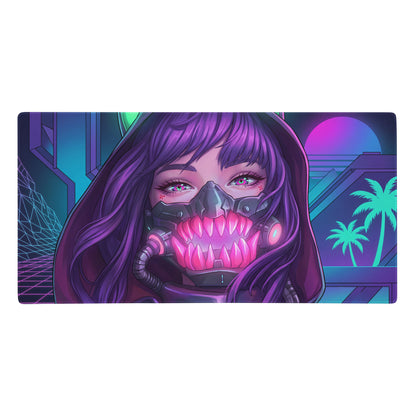 Rectangular vaporwave neon predator gaming mousepad with vibrant purple hair character and cyberpunk neon backdrop