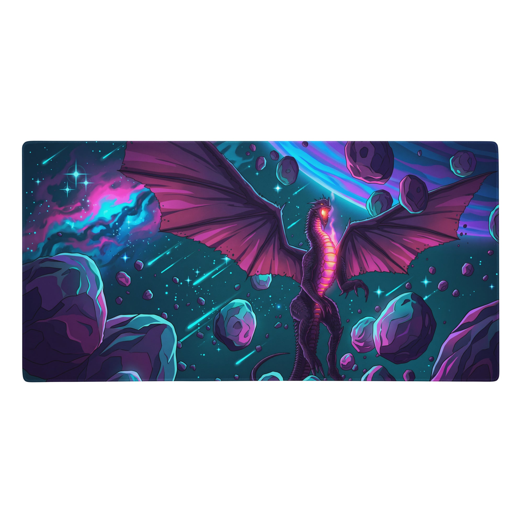Vaporwave neon dragon pad vibrant cosmic dragon-themed gaming mousepad with glowing purple and teal nebulae and star trails
