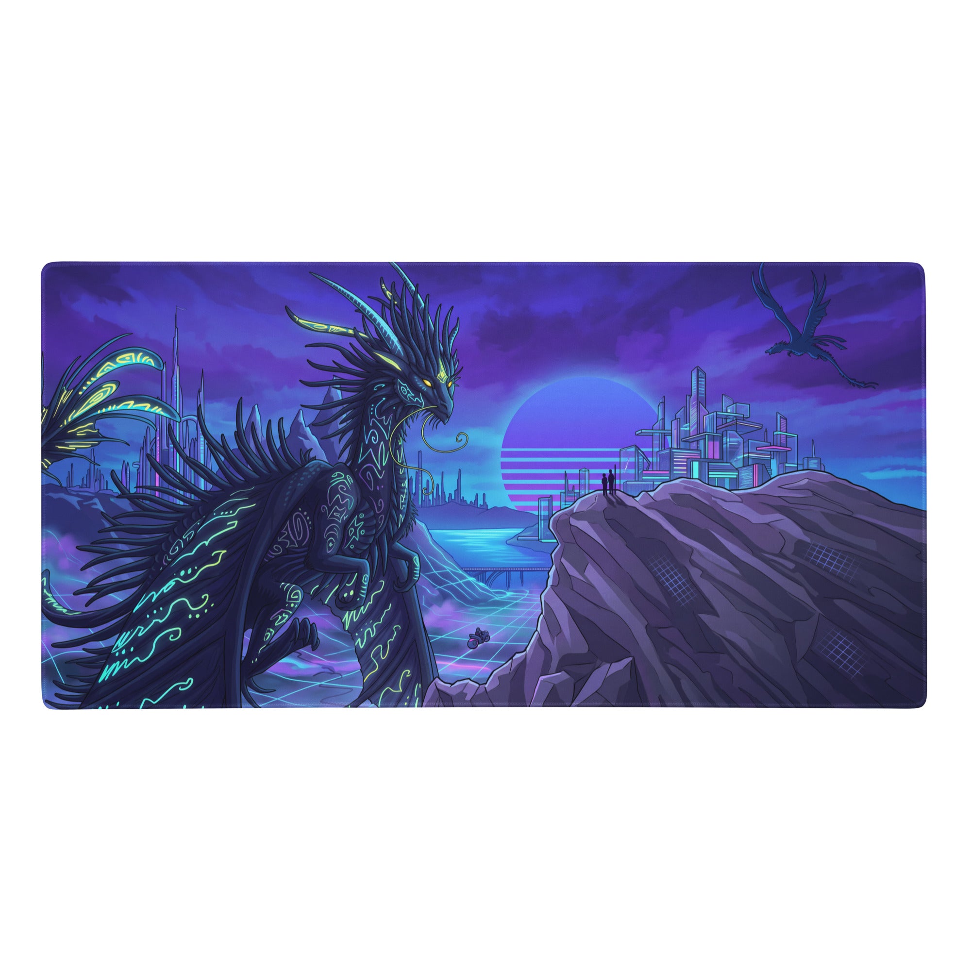 Necrodragon-themed neon dragon vaporwave gaming mousepad with black dragon teal yellow circuits on purple blue cyberpunk cityscape