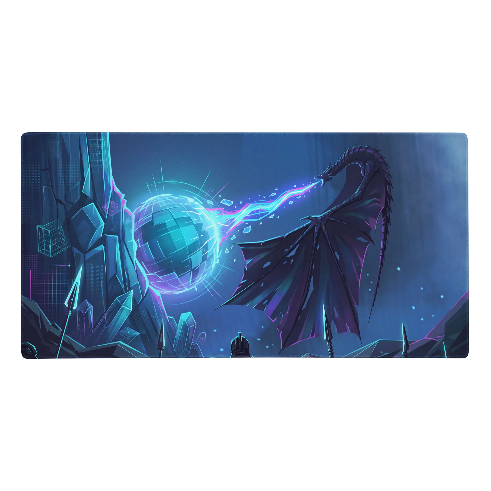 Narrow rectangular vaporwave neon dragon desk mat with dark dragon and electric blue energy on a futuristic gaming mouse pad