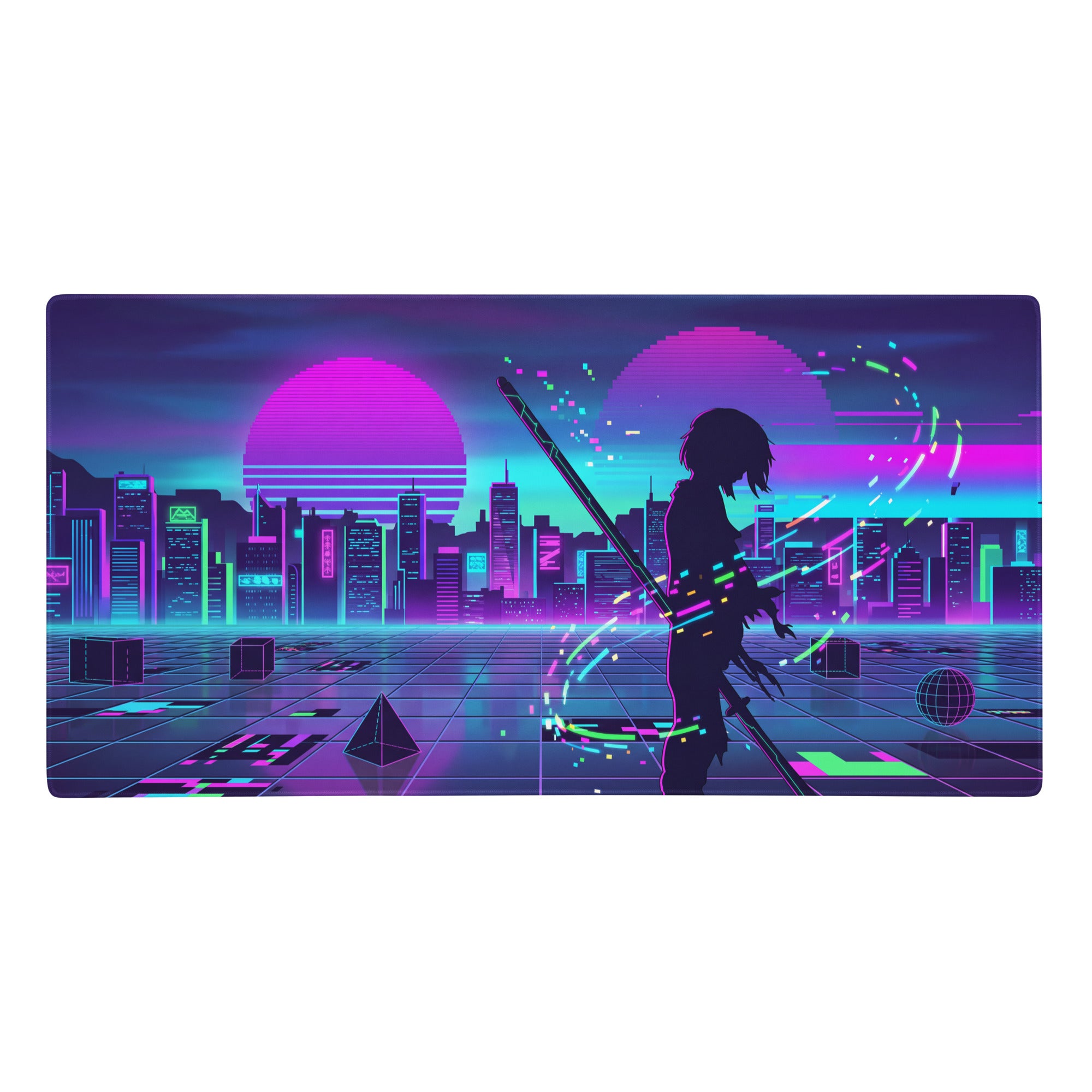 Neon vaporwave city pad gaming mousepad with neon pink and cyan digital art of sword figure and retro-futuristic cityscape