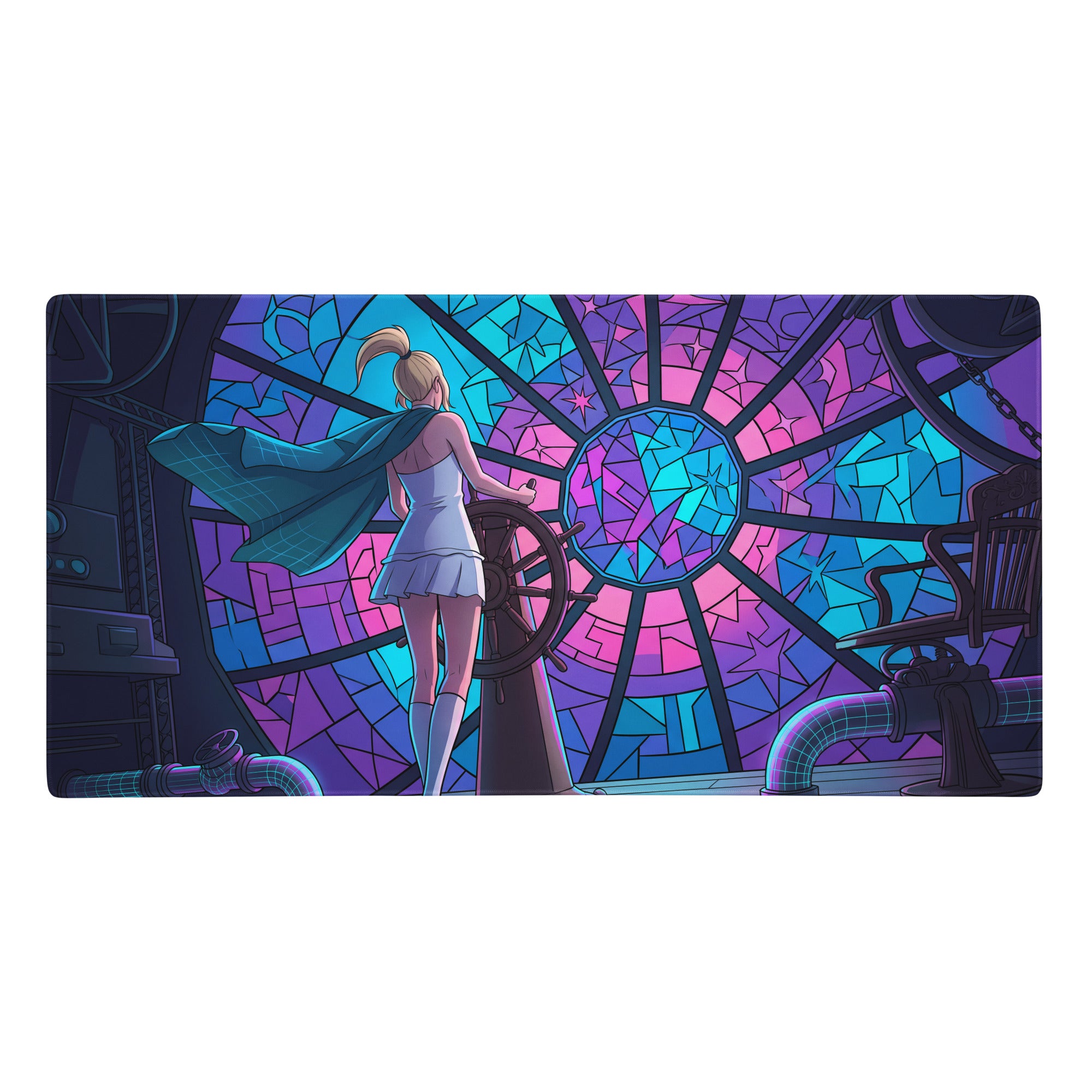 Vibrant stained glass window mural of blonde woman in white dress with teal cape at ship’s wheel on vaporwave neon desk pad