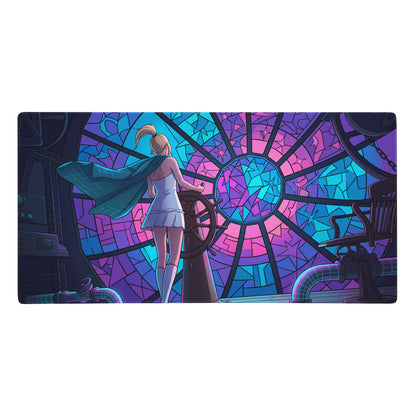 Vibrant stained glass window mural of blonde woman in white dress with teal cape at ship’s wheel on vaporwave neon desk pad