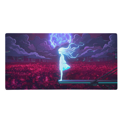 Navy blue and purple anime-themed gaming mousepad featuring a glowing white-haired girl under a neon-lit stormy sky