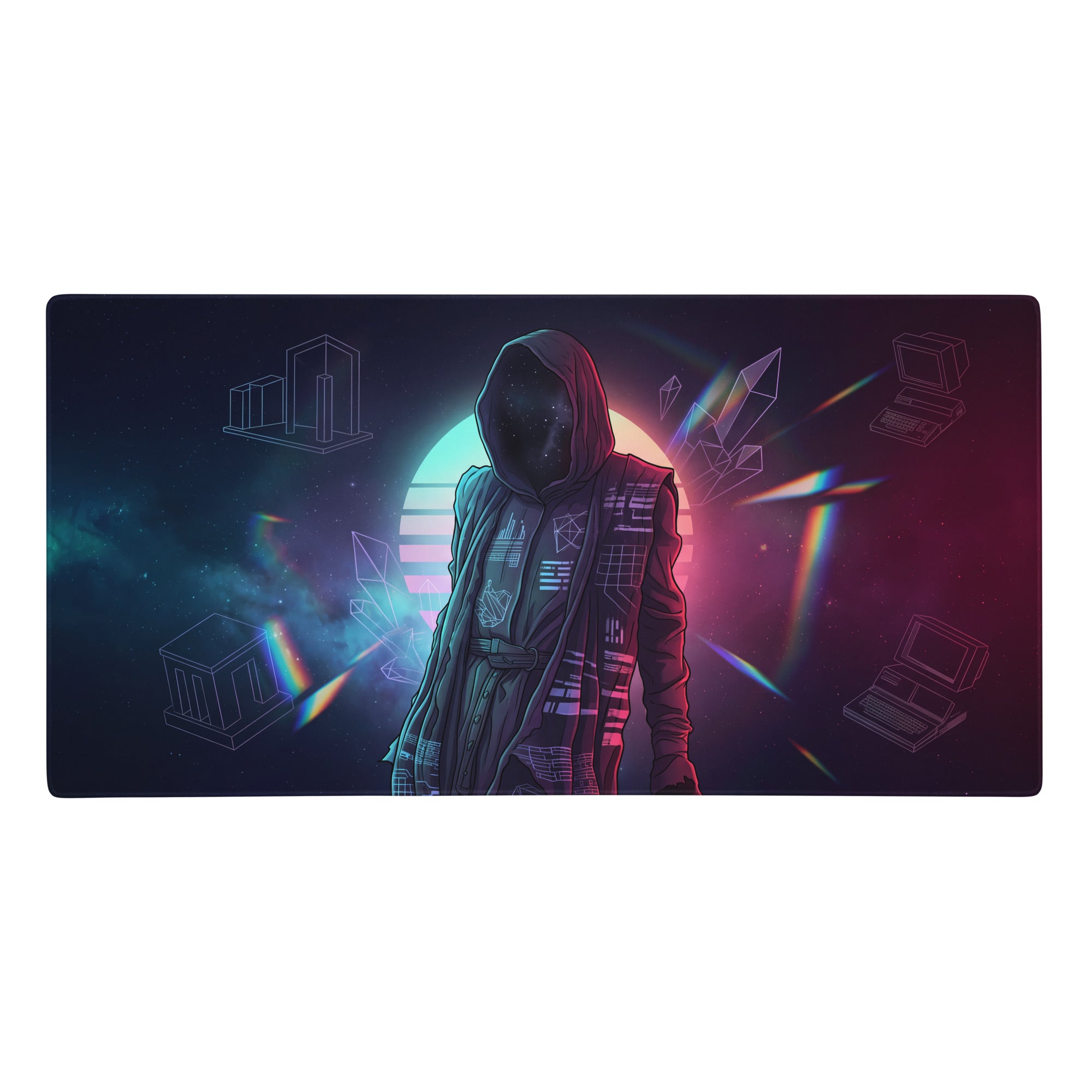 Neon vaporwave gaming mouse pad with a nebula hooded figure design in purple teal neon colors for retro desk decor