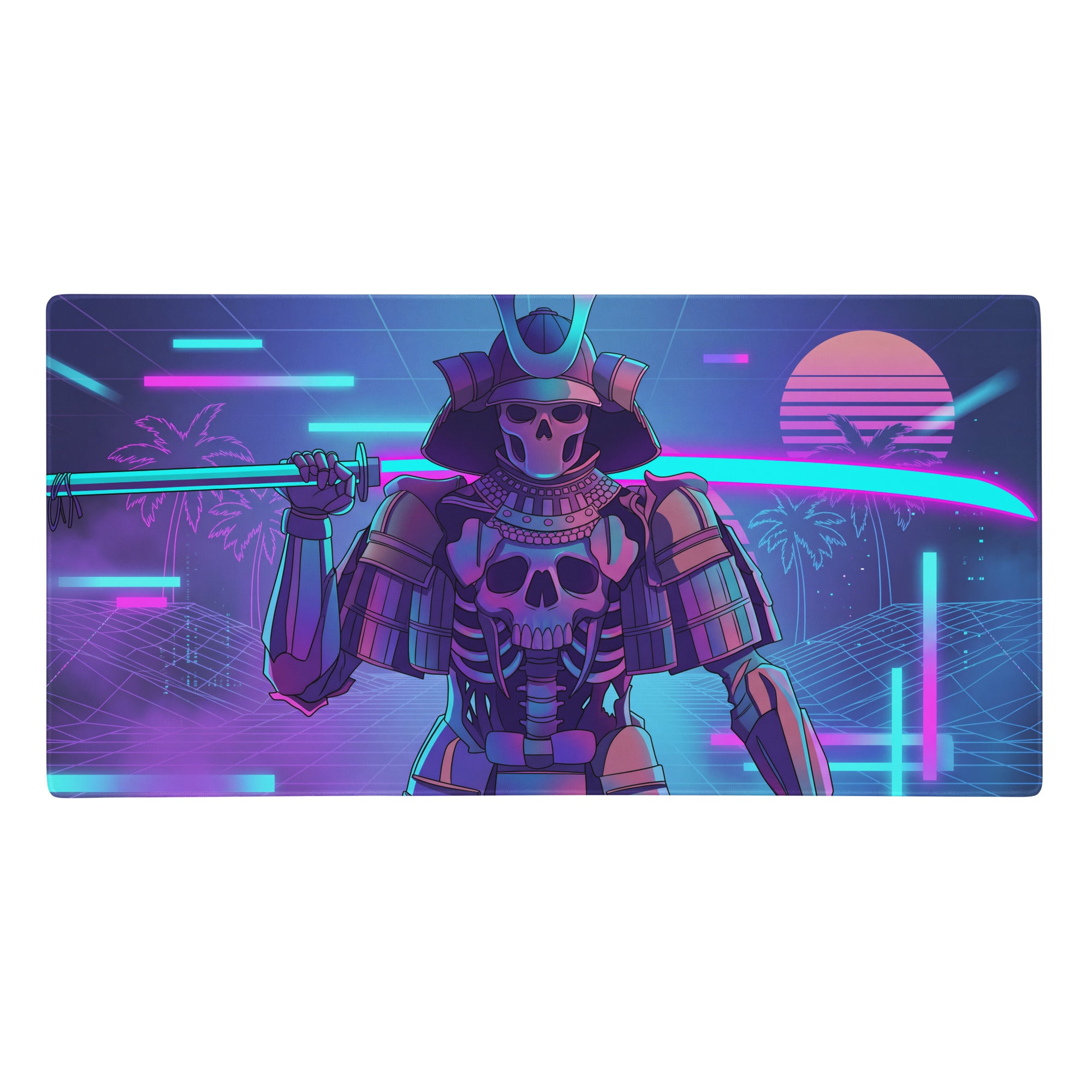 Neon pink and cyan digital art mouse pad with skeletal samurai in detailed armor holding glowing sword on retro sunset background