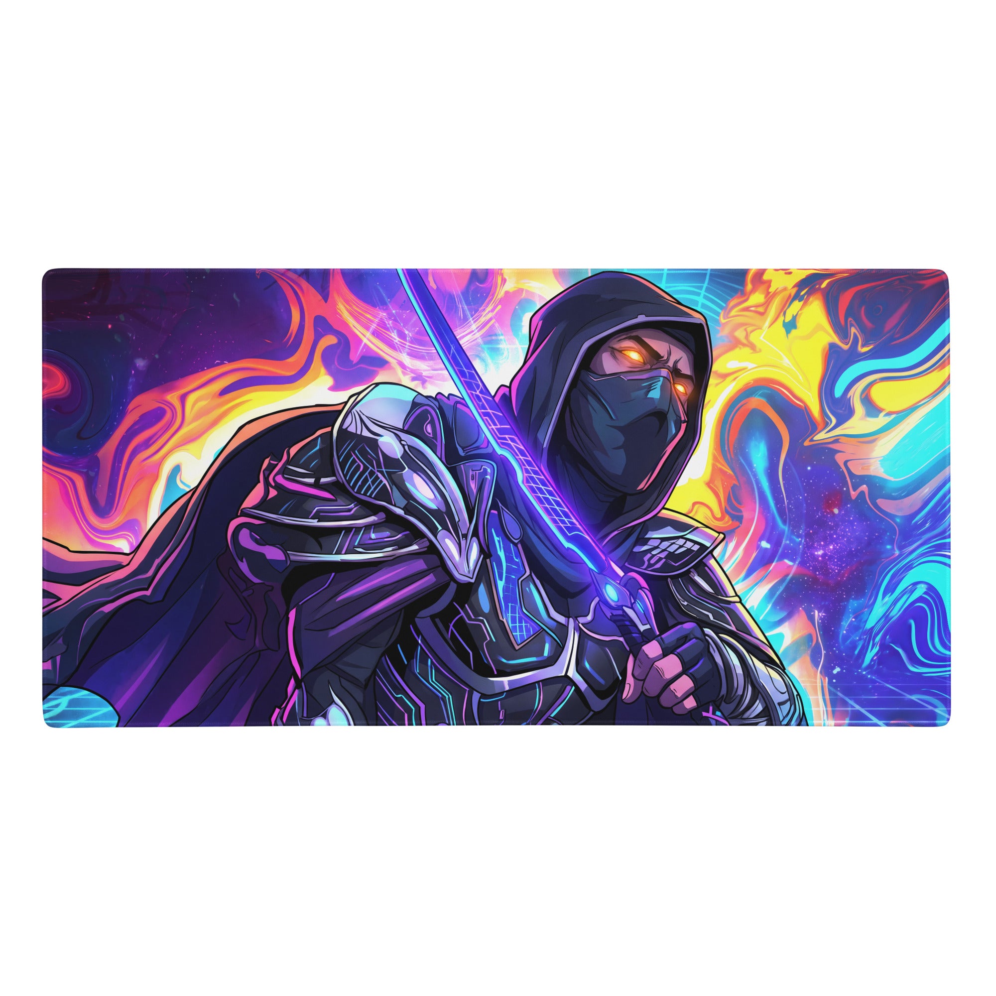 Vibrant neon ninja vaporwave mouse pad with purple pink blue colors and stylized dark armored ninja holding glowing sword