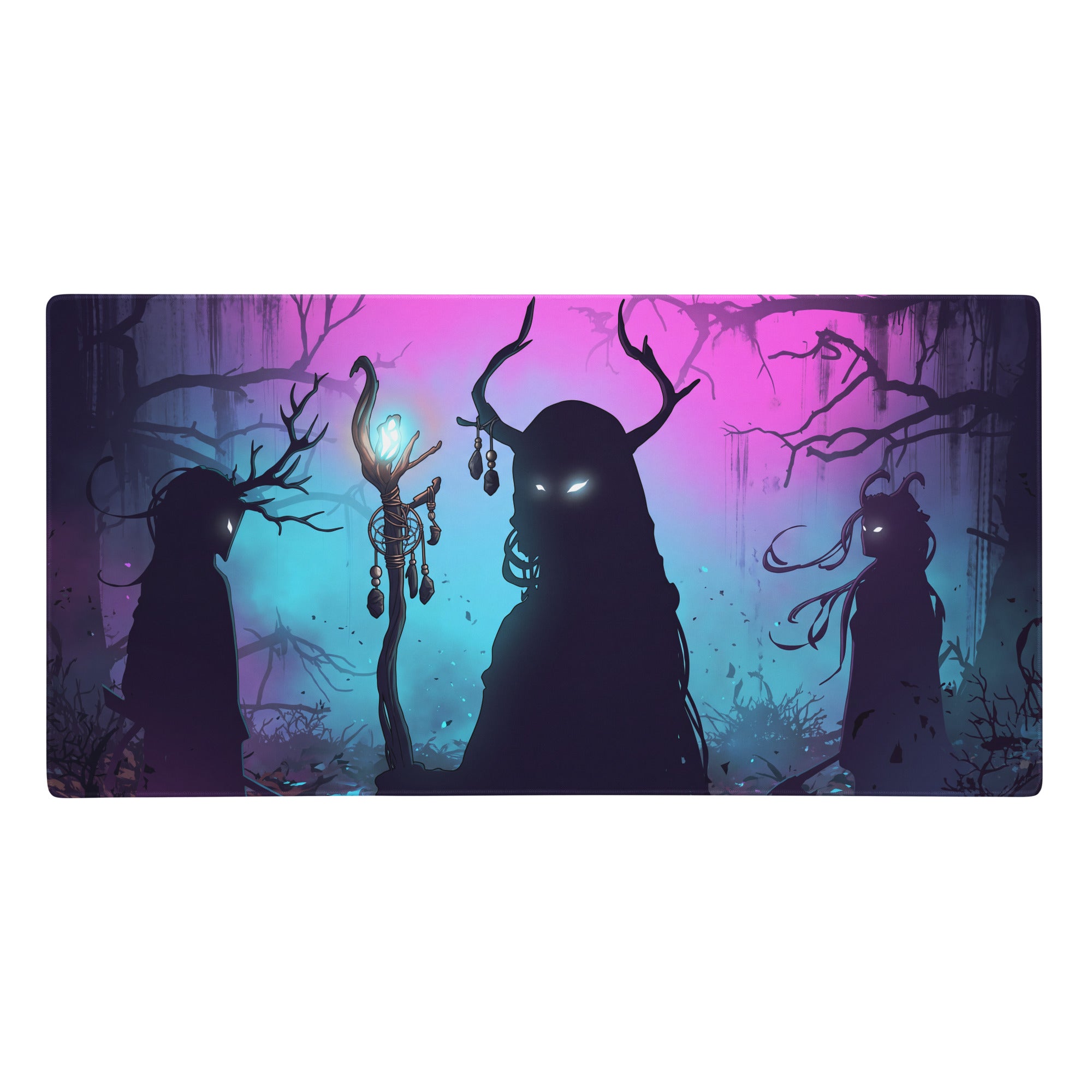 Purple and teal gradient neon vaporwave forest mouse pad with horned silhouettes for gaming and desk use