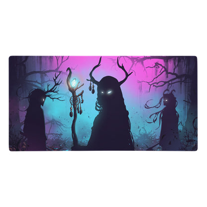 Purple and teal gradient neon vaporwave forest mouse pad with horned silhouettes for gaming and desk use