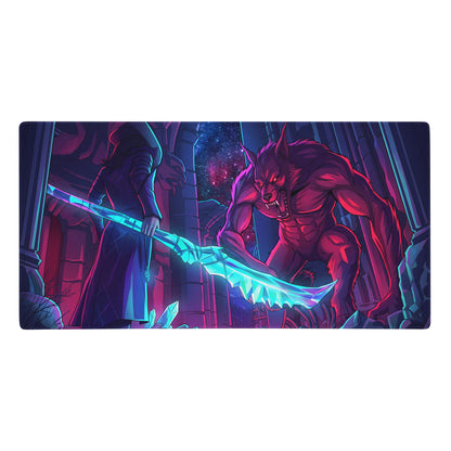 Rectangular gaming mousepad with vibrant red werewolf and blue sword design on a neon purple blue vaporwave cyberpunk background