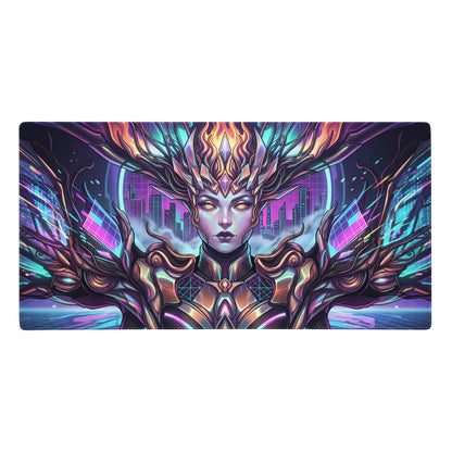 Vibrant neon pink and teal cyberpunk gaming mousepad with stylized female figure and glowing wings for esports use