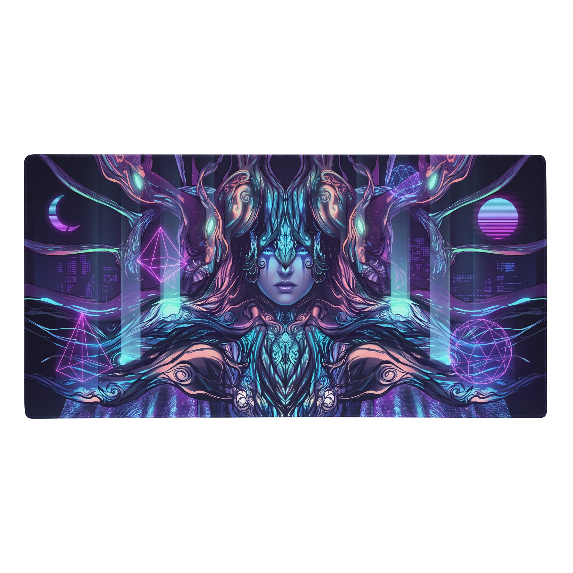 Nebula-themed vaporwave neon goddess mouse pad with glowing teal and purple hair and neon cityscape design