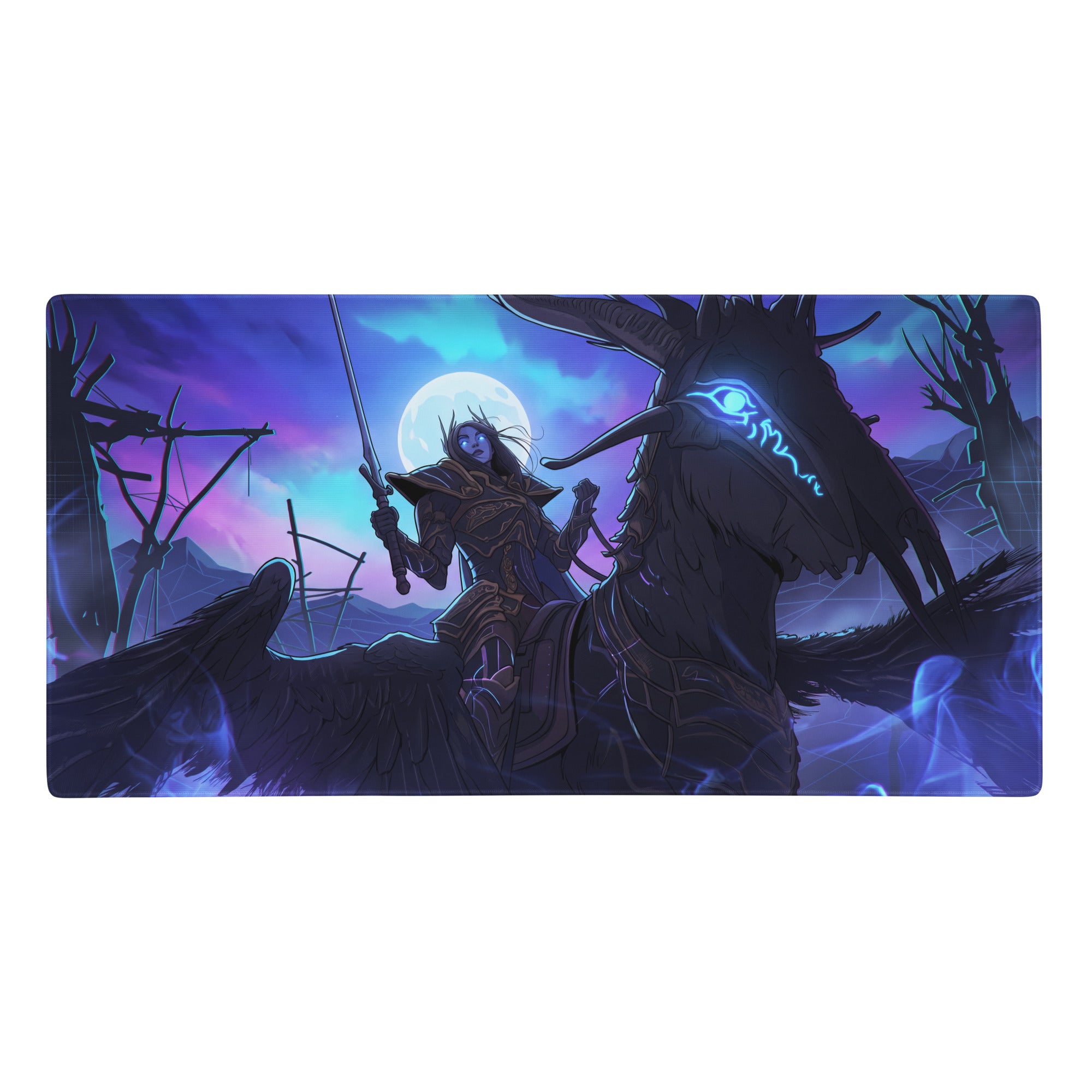 Neon Dragon vaporwave desk pad with a dark-armored warrior on a winged beast under a purple and blue twilight sky