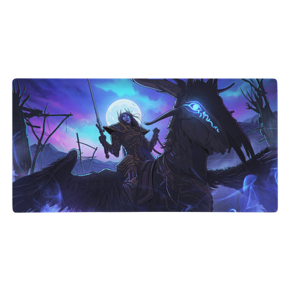 Neon Dragon vaporwave desk pad with a dark-armored warrior on a winged beast under a purple and blue twilight sky