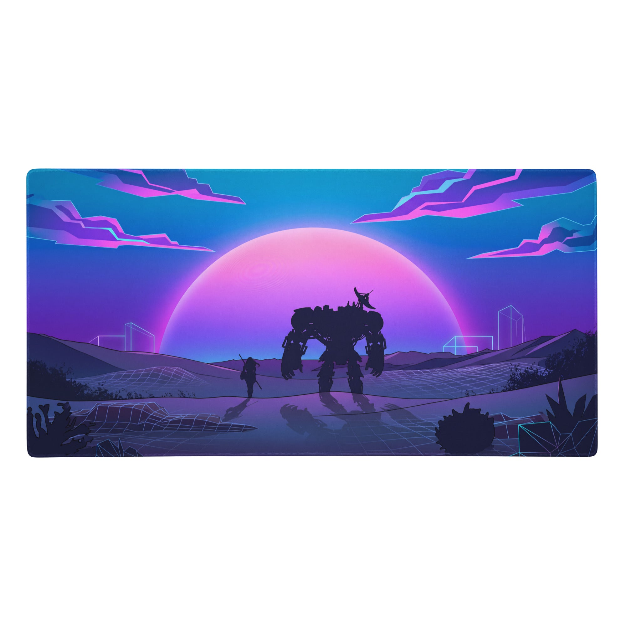 Vaporwave neon sunset gaming mouse pad with giant robot silhouette and vibrant pink purple neon sky design