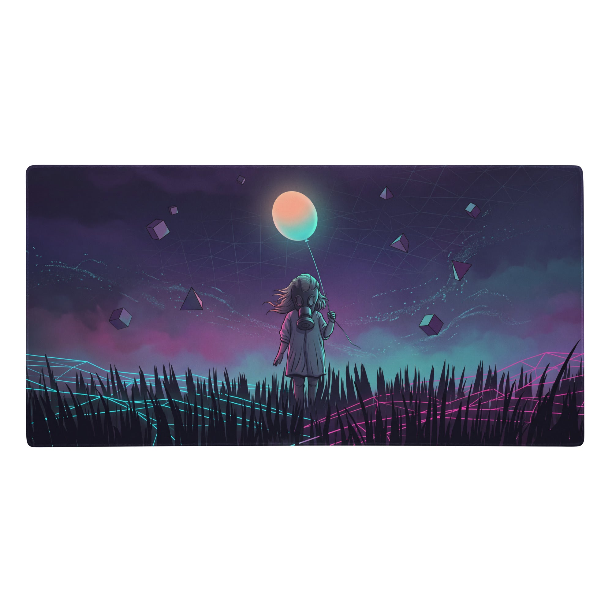 Vaporwave neon gaming mouse pad with a purple cosmic geometric design featuring a girl in a gas mask holding a glowing balloon