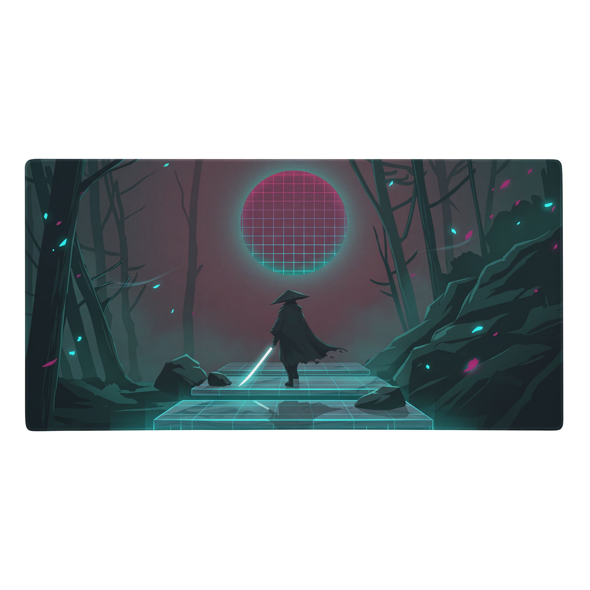 Neon pink teal vaporwave mouse pad with nebula theme featuring a lone figure on glowing grid steps under a radiant sun
