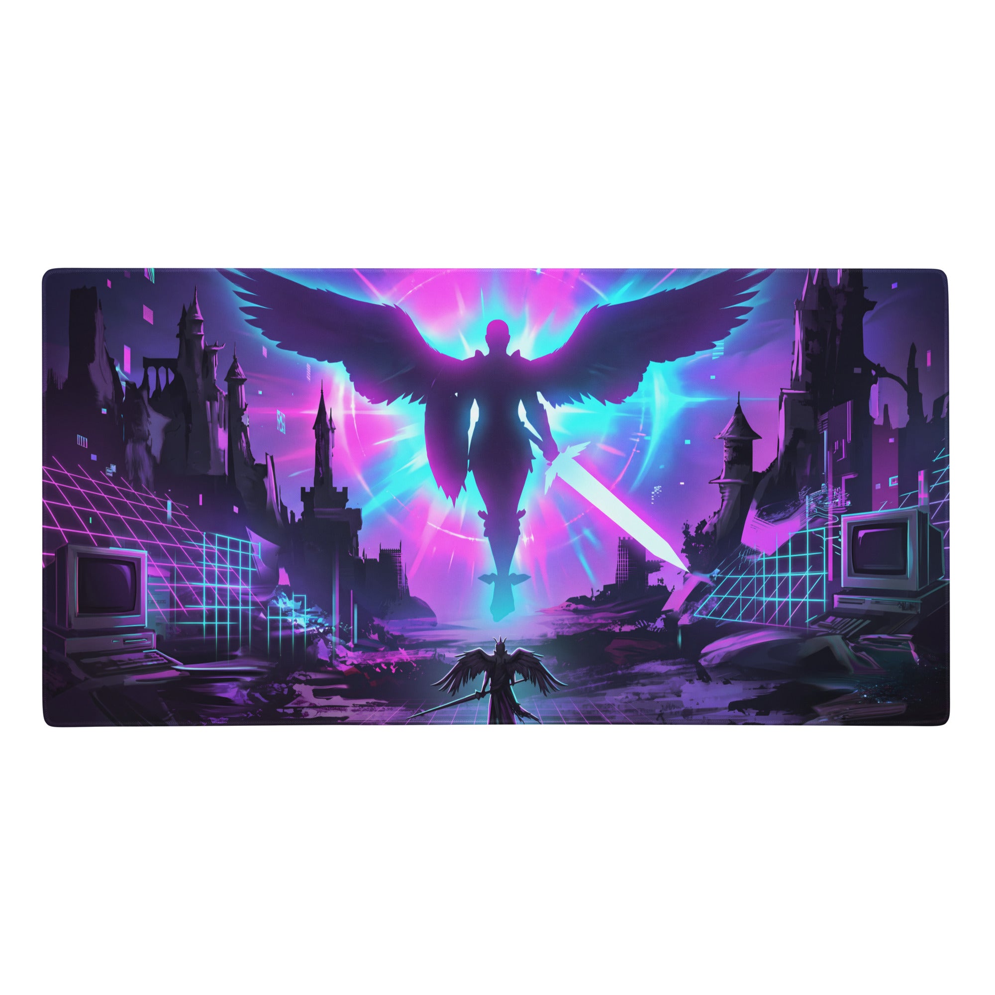Vaporwave neon flight mouse pad with nebula theme glowing angelic figure and purple pink cyan light effects for gaming desk
