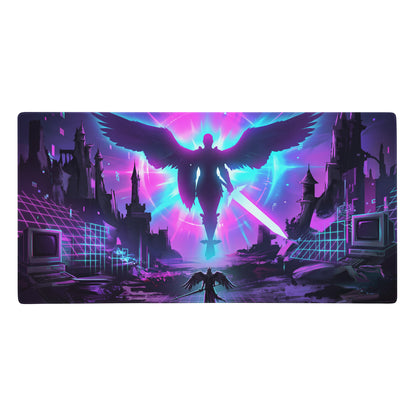 Vaporwave neon flight mouse pad with nebula theme glowing angelic figure and purple pink cyan light effects for gaming desk