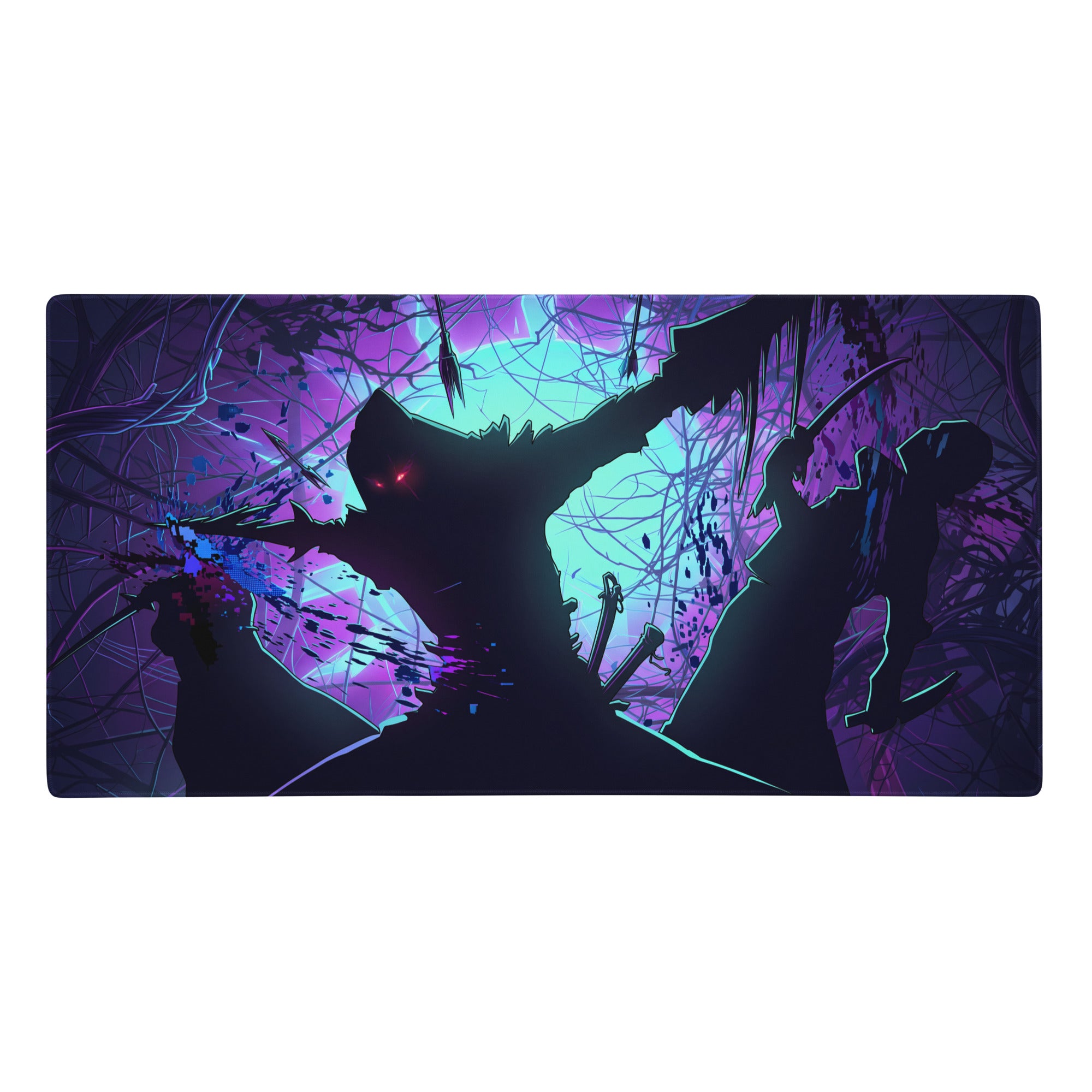 Vibrant purple and teal vaporwave neon night gaming mouse pad with anime-themed dynamic battle scene design