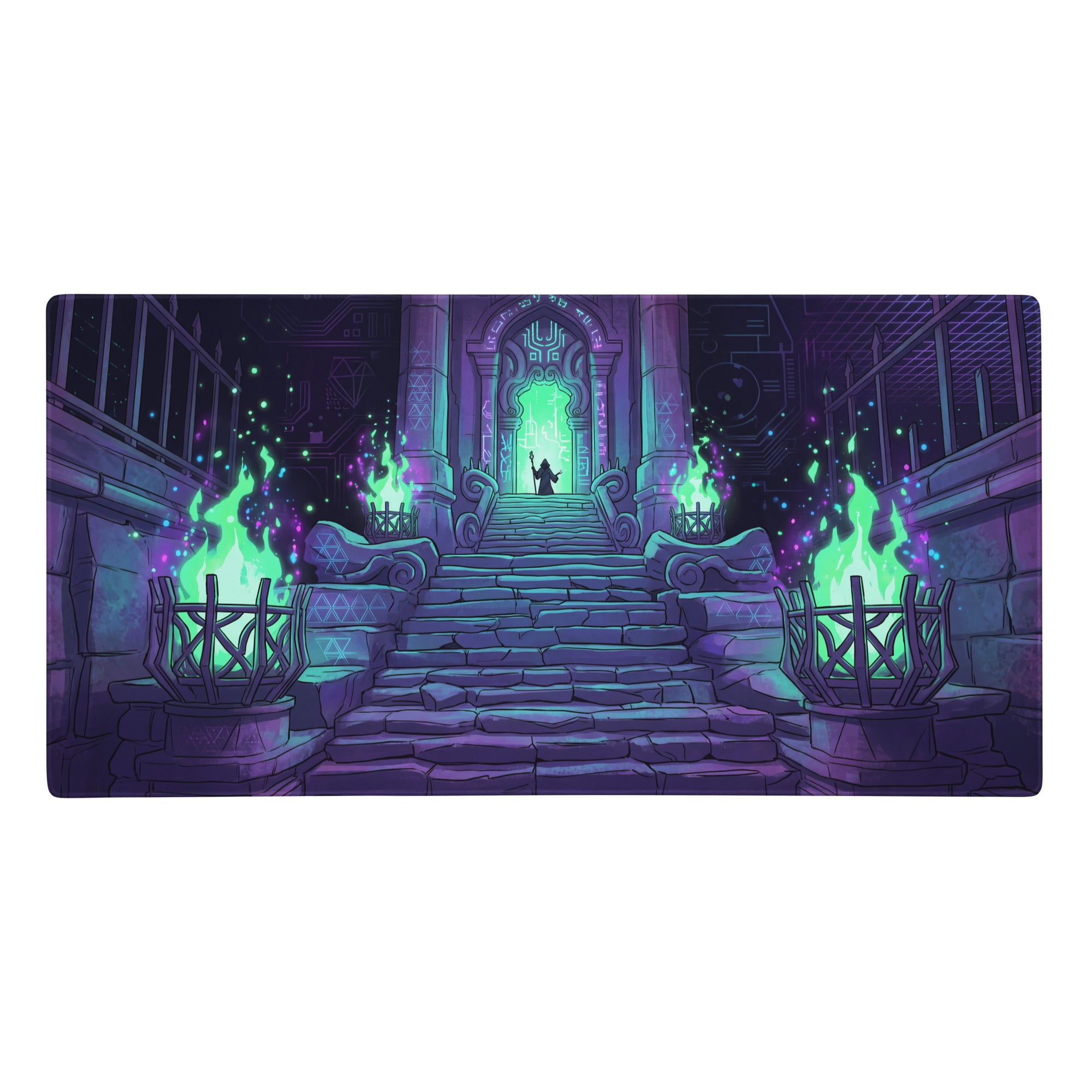 Neon vaporwave rectangular gaming mouse pad with purple teal stone stairs and glowing green braziers fantasy scene