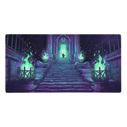 Neon vaporwave rectangular gaming mouse pad with purple teal stone stairs and glowing green braziers fantasy scene