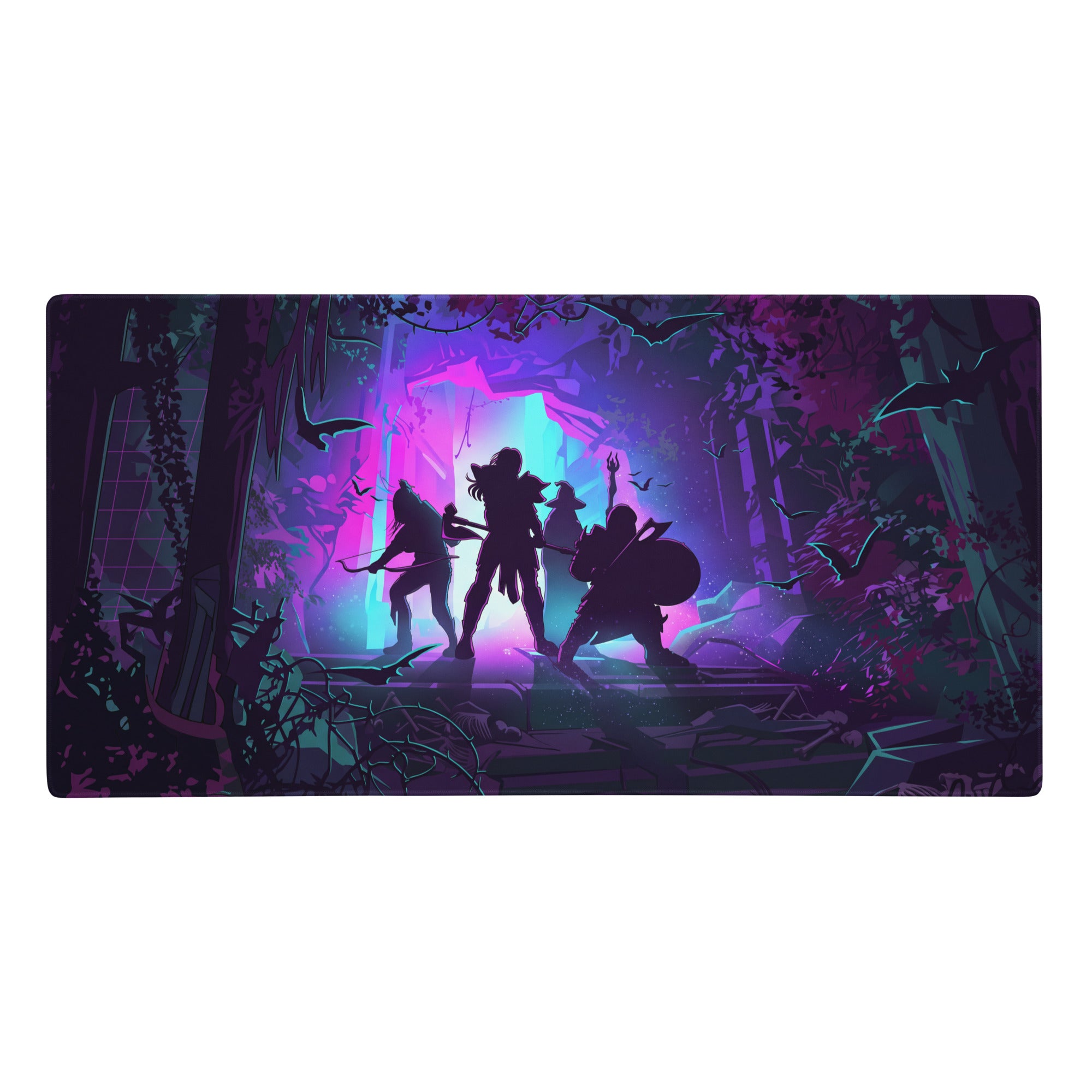 Vaporwave jungle gaming mouse pad with vibrant purple and teal fantasy design featuring silhouetted adventurers