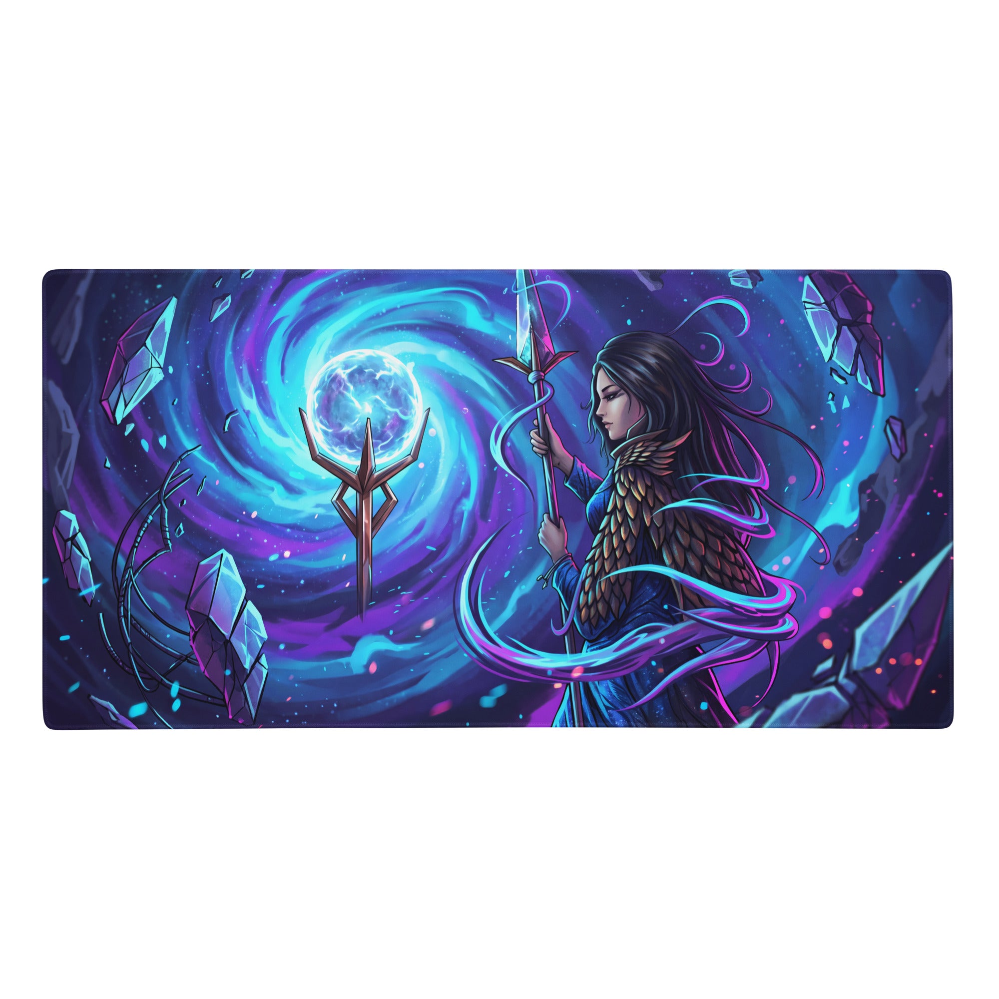 Vibrant purple and blue neon vaporwave sorceress gaming mousepad with fantasy warrior and floating crystals design