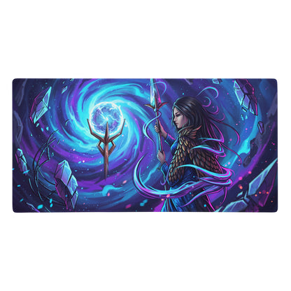 Vibrant purple and blue neon vaporwave sorceress gaming mousepad with fantasy warrior and floating crystals design