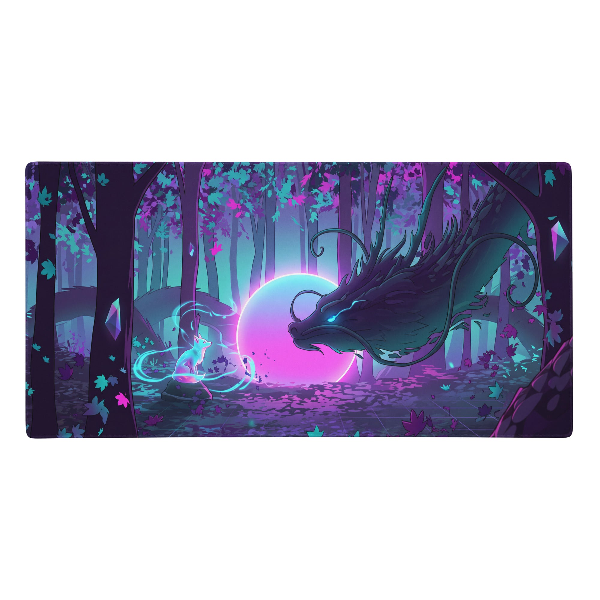 Vaporwave dragon nightscape mouse pad featuring neon purple and teal glowing dragon and fox design for gaming
