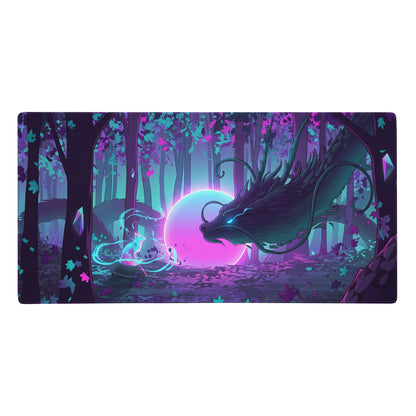 Vaporwave dragon nightscape mouse pad featuring neon purple and teal glowing dragon and fox design for gaming