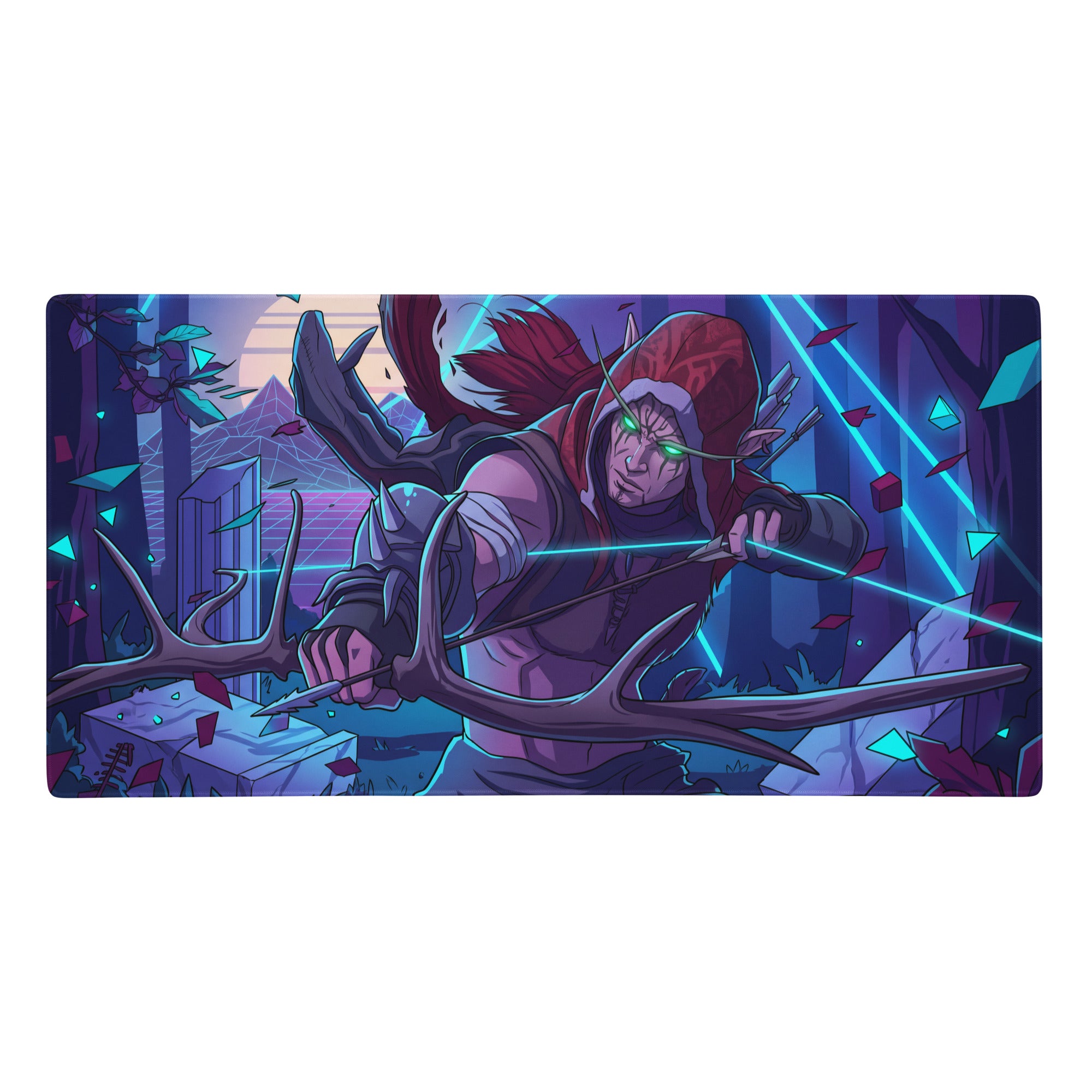 Narrow gaming mat featuring a fantasy archer with green eyes and red hood on a neon purple blue cyberpunk forest