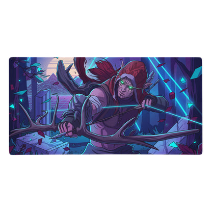 Narrow gaming mat featuring a fantasy archer with green eyes and red hood on a neon purple blue cyberpunk forest