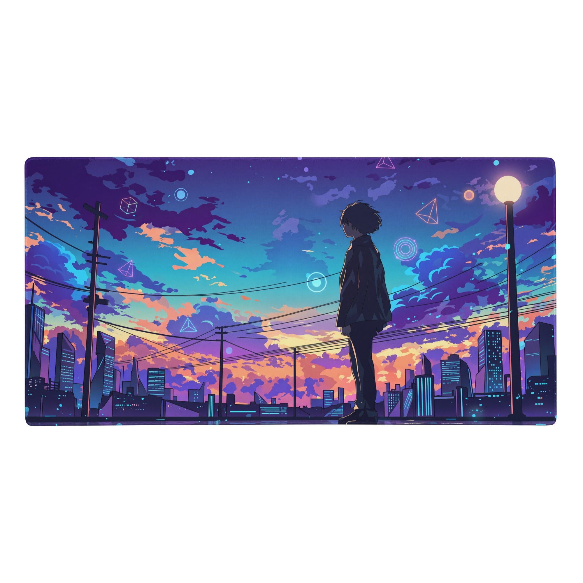 A rectangular vaporwave cityscape gaming mouse pad with a purple pink gradient and anime rooftop illustration