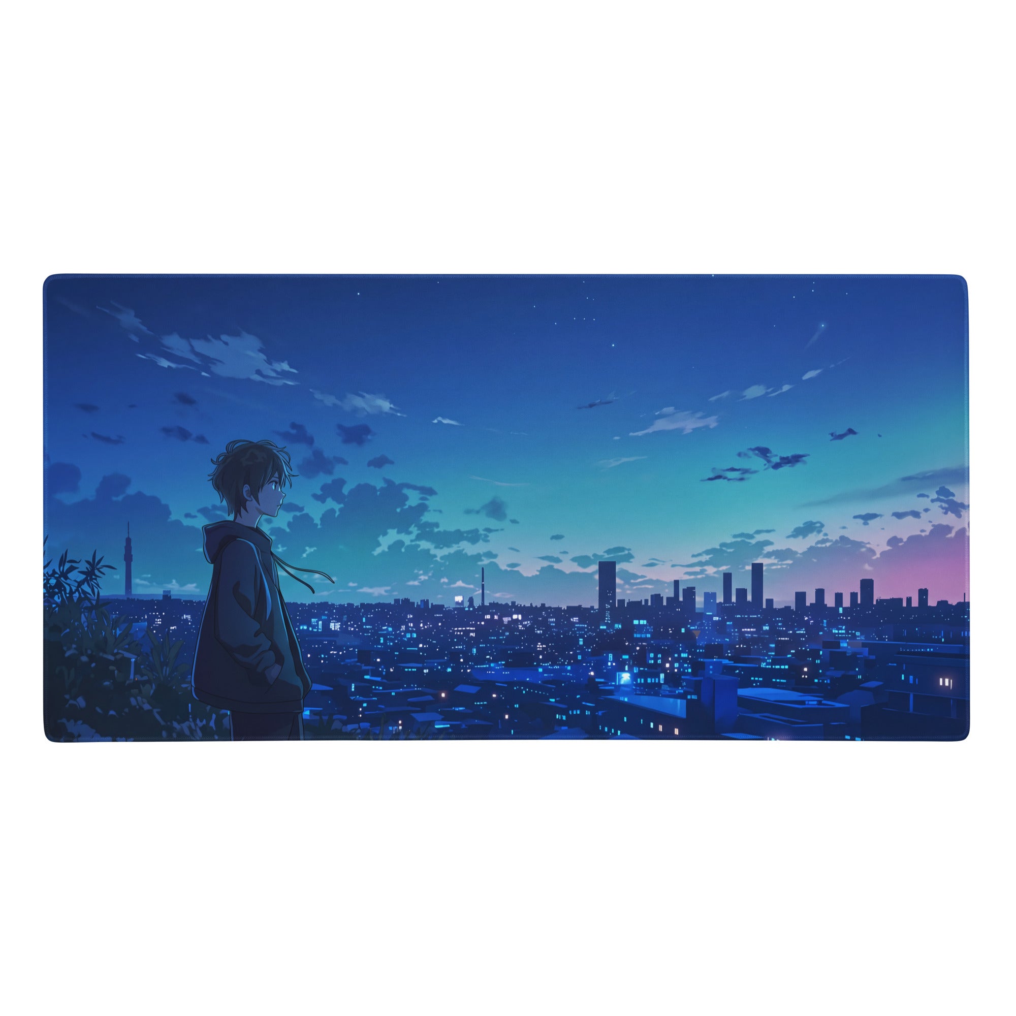 Neon night anime cityscape mouse pad featuring a blue and purple gradient design with a lone figure and illuminated skyscrapers