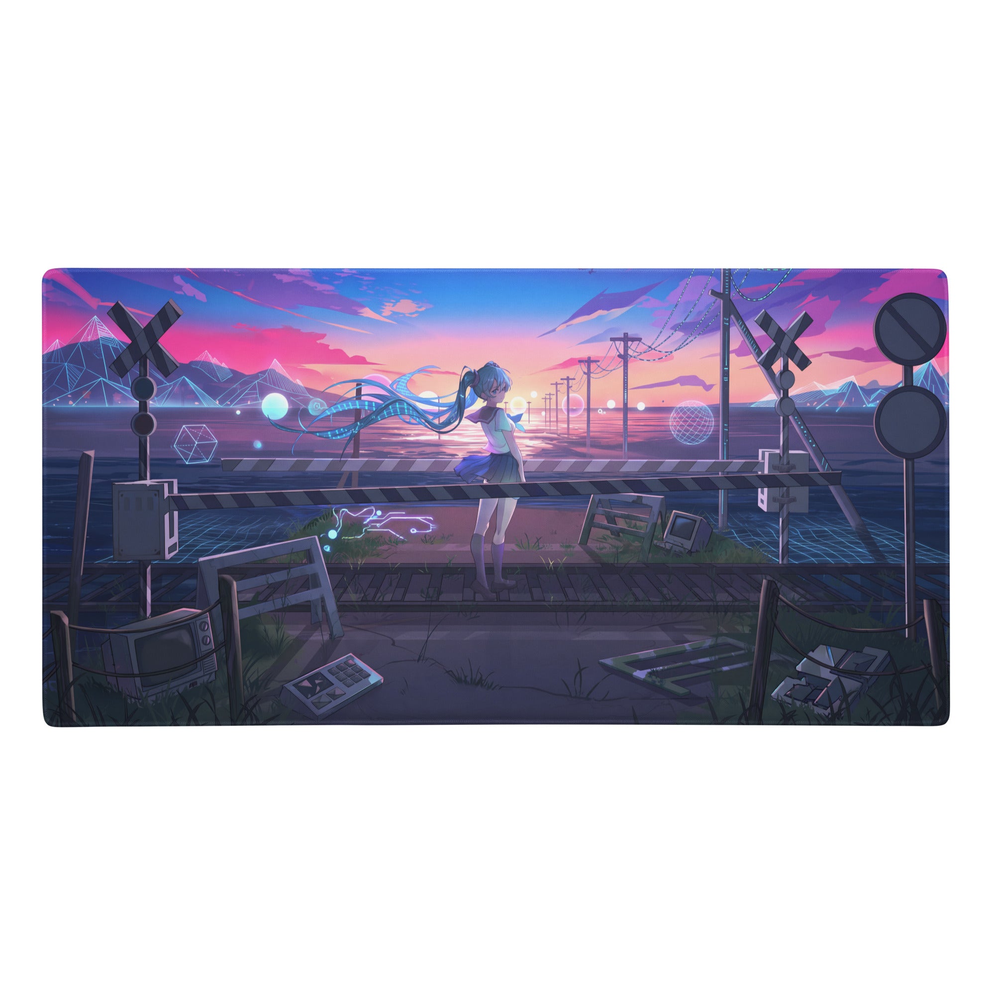 Neon vaporwave mouse pad with nostalgic neon-lit railroad crossing design featuring anime girl twin tails at dusk