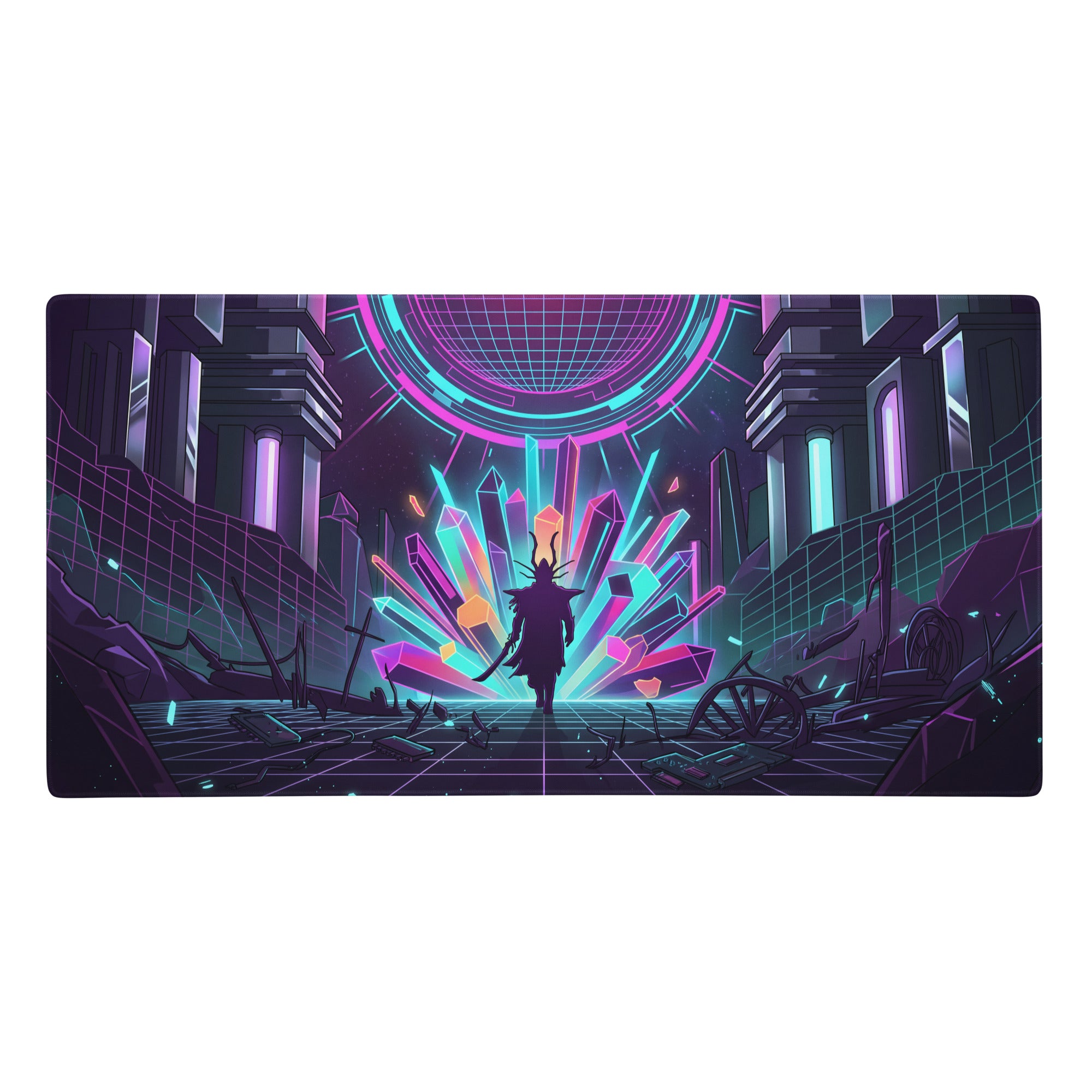 Neon vaporwave gaming mousepad with neon pink and cyan digital art of futuristic silhouette and glowing crystals under dome