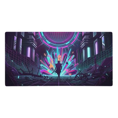 Neon vaporwave gaming mousepad with neon pink and cyan digital art of futuristic silhouette and glowing crystals under dome