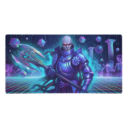 Purple armored warrior with glowing red eyes on a vaporwave neon warrior rectangular gaming mouse pad in blue and purple