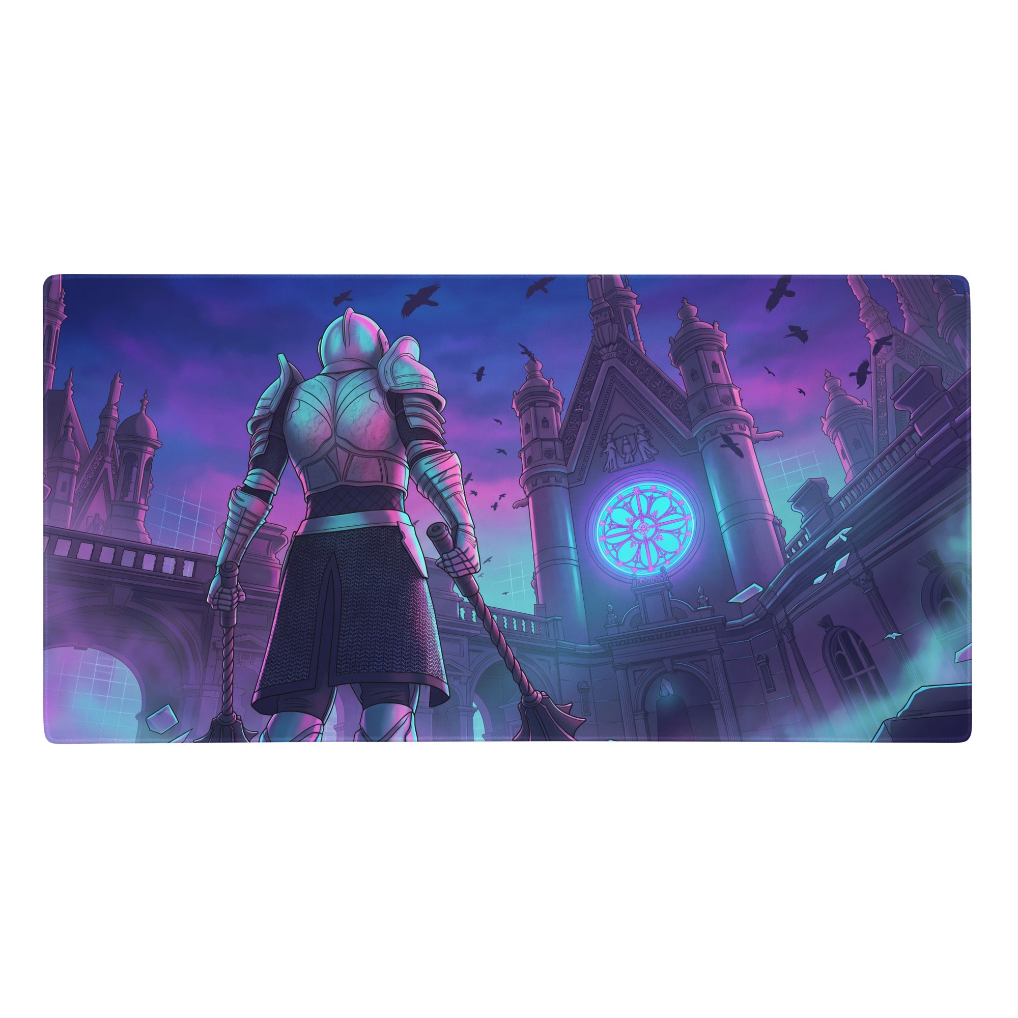 Vibrant purple and blue vaporwave neon city knight gaming mouse pad with metallic knight and glowing cathedral design