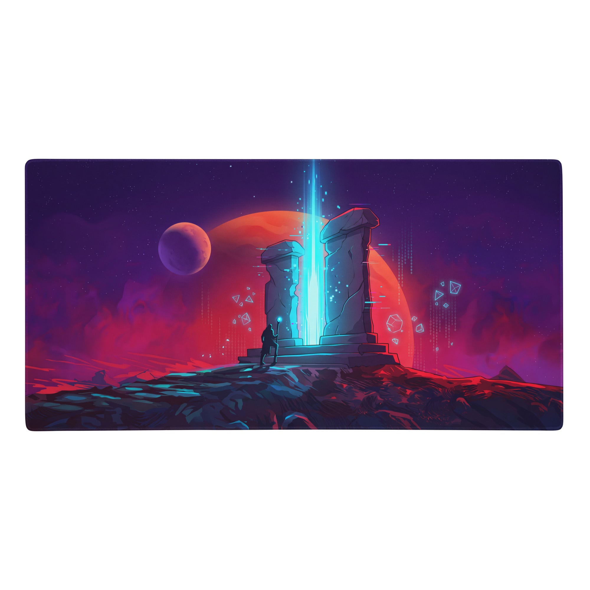 Narrow rectangular vaporwave neon night mouse pad with vibrant purple blue sci-fi scene and glowing stone pillars beneath orange planet