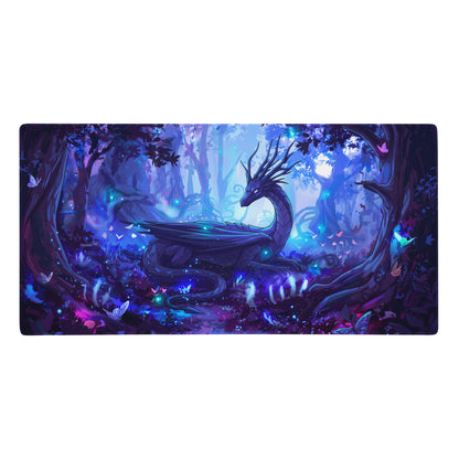 A rectangular neon dragon vaporwave mouse pad with a glowing purple and blue enchanted forest design