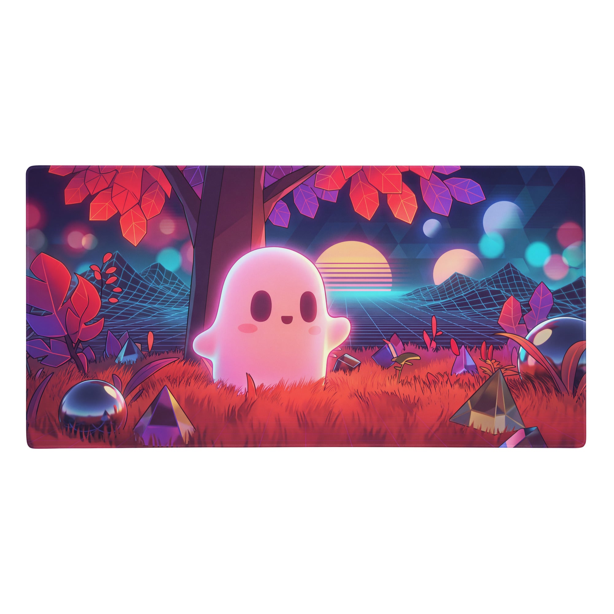 Vaporwave neon ghost desktop mouse pad with a pink cartoon ghost and vibrant neon pink purple retro aesthetic