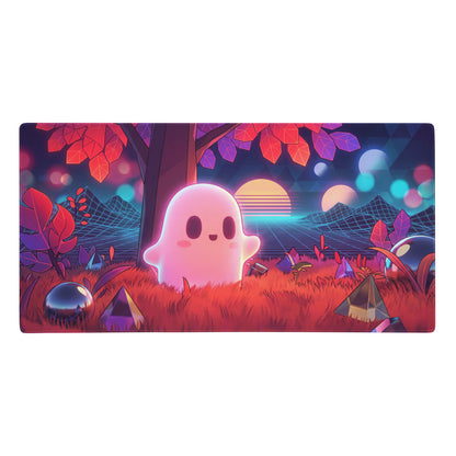 Vaporwave neon ghost desktop mouse pad with a pink cartoon ghost and vibrant neon pink purple retro aesthetic