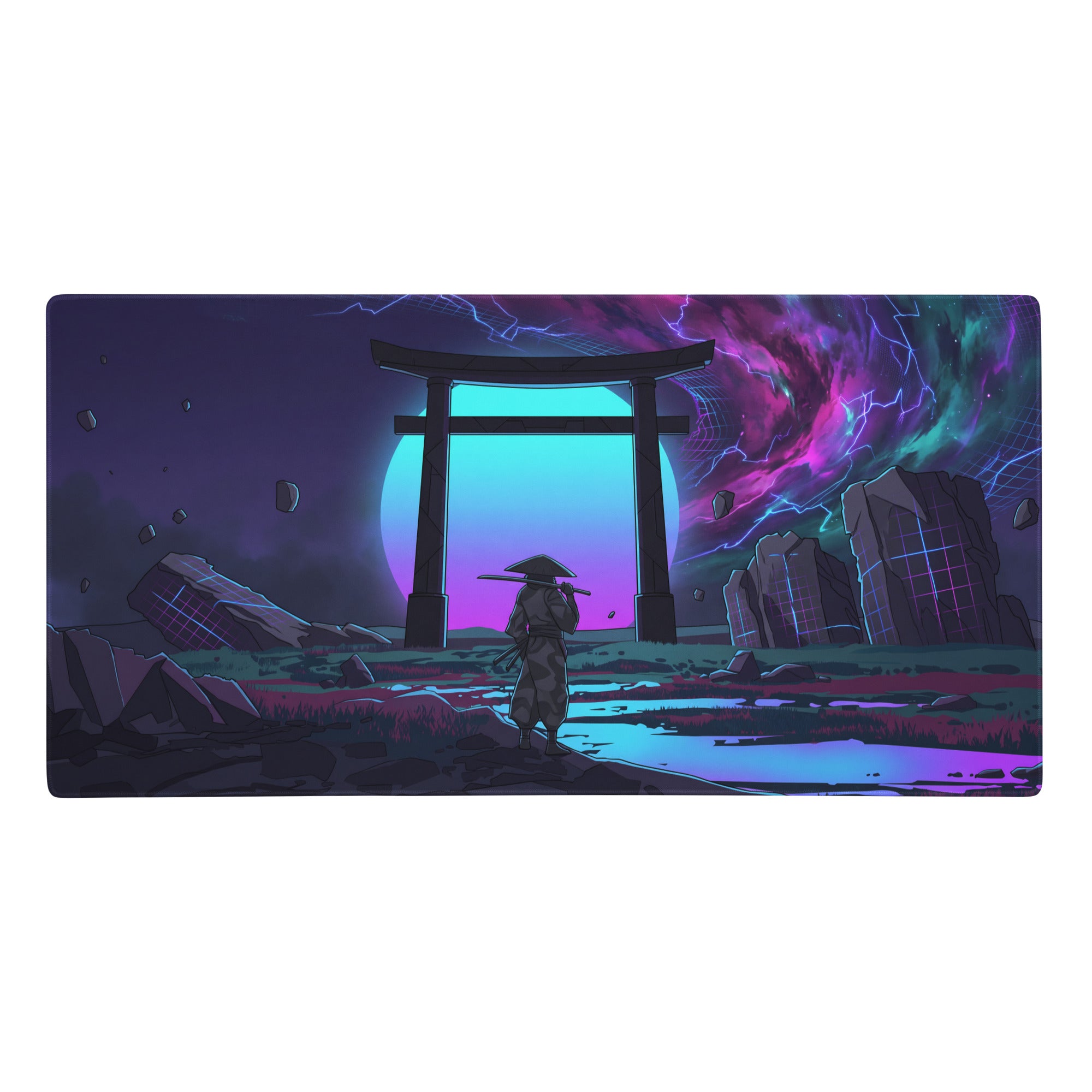 Neon vaporwave gaming mouse pad featuring a ninja before a torii gate under a purple and teal aurora sky
