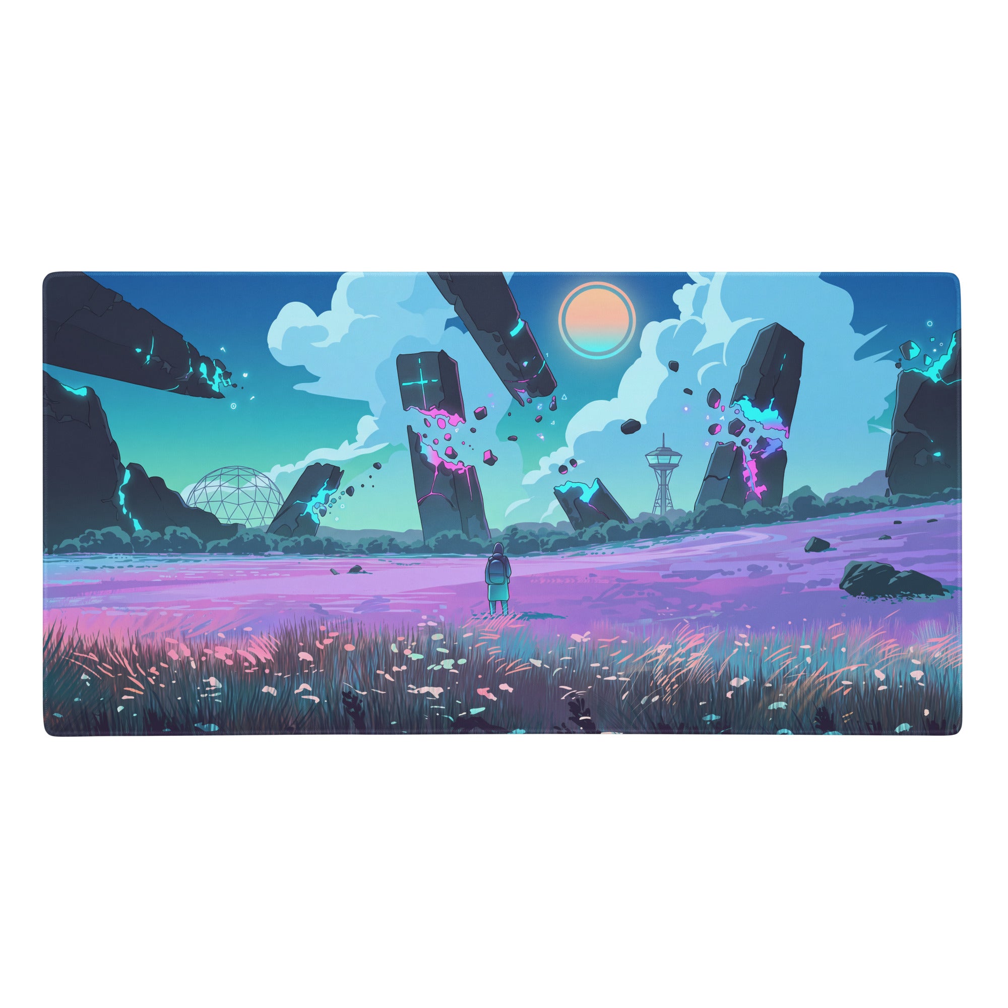 Rectangular gaming mousepad with vibrant surreal landscape of floating black monoliths glowing pink and cyan energy