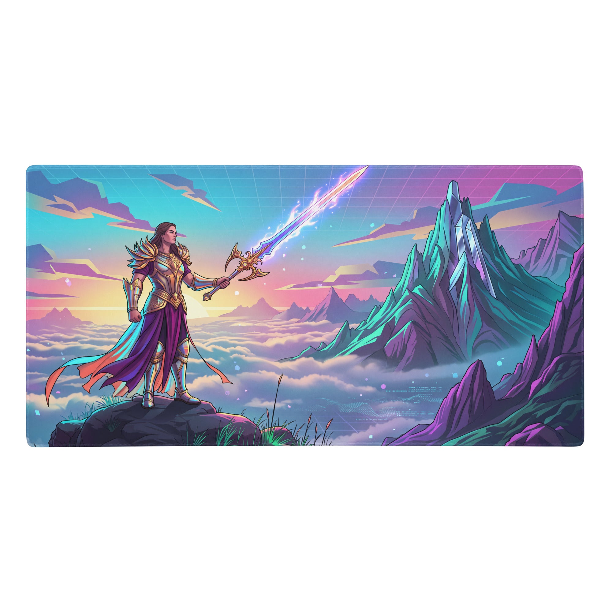 Vaporwave warrior mouse pad features a neon-hued fantasy landscape with a knight in gold armor and purple cape under a sunset sky