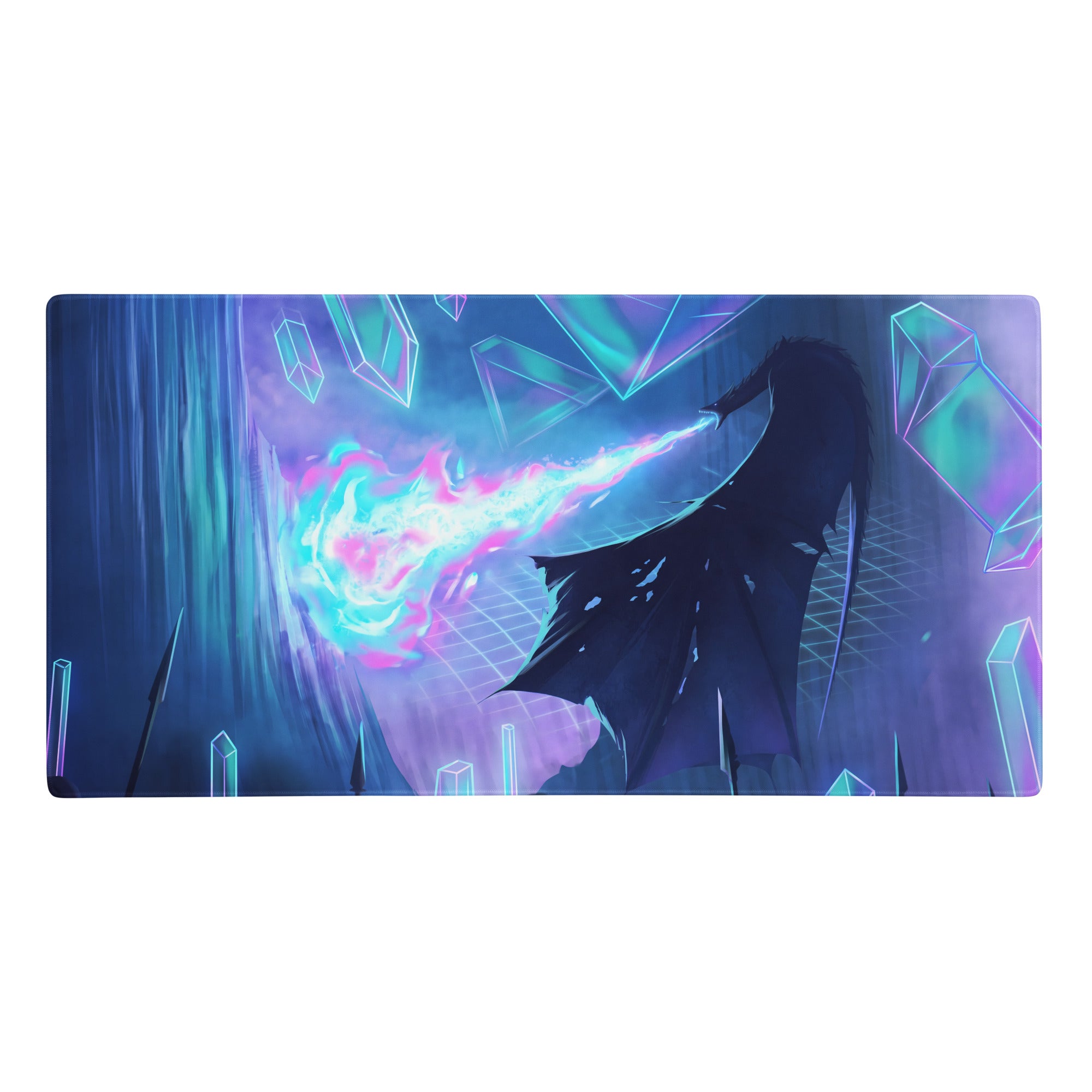 Neon vaporwave fusion gaming mouse pad featuring vibrant fantasy art with dark silhouette and glowing neon energy blast