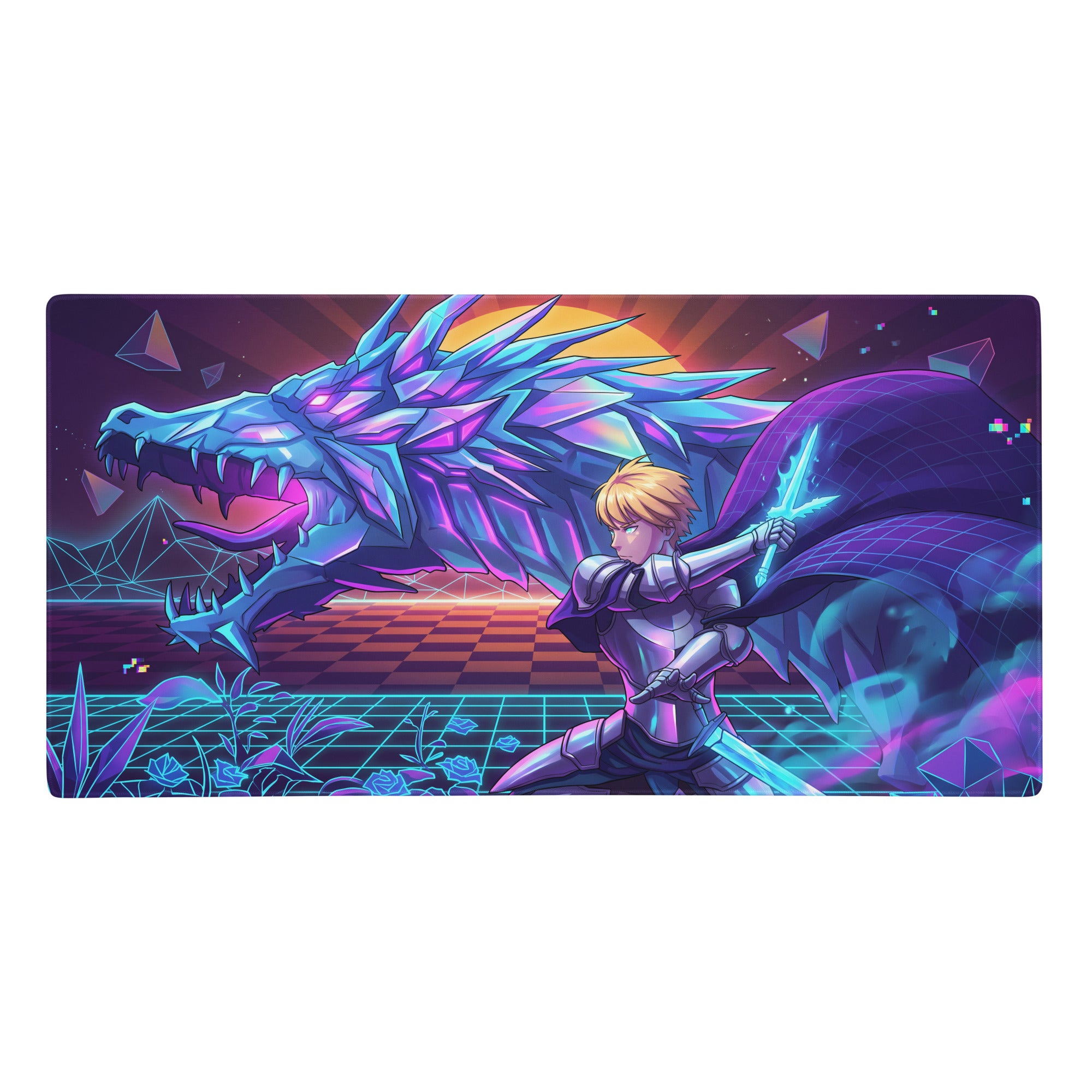 Vaporwave neon dragon gaming mouse pad featuring vibrant neon blue and purple crystalline dragon with glowing eyes