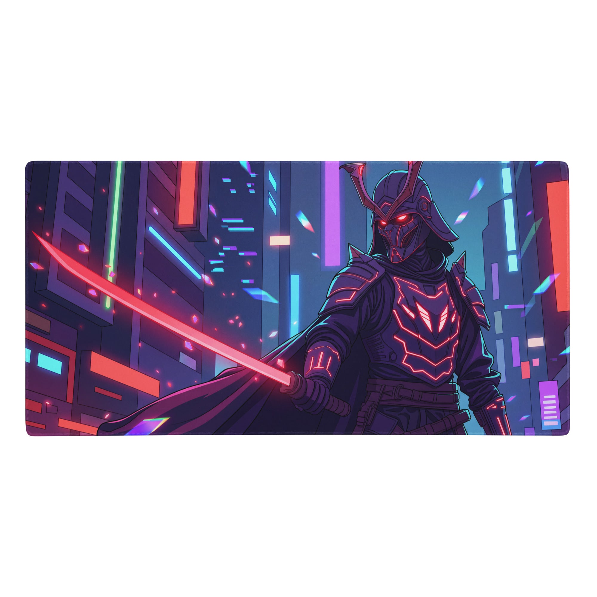 Vaporwave neon nexus mouse pad featuring a nebula-themed cyberpunk samurai with pink neon accents and red energy sword